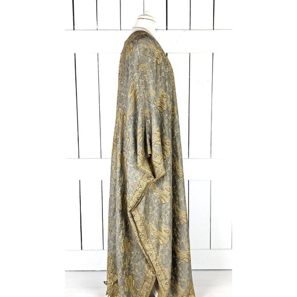 Maxi grey and beige paisley pashmina kimono cover up fringe jacket READY TO SHIP - Picture 4 of 5